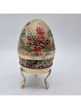 Cloisonne Brass & Enamel Egg Trinket Box Red Candle Design Three-Legged Stand